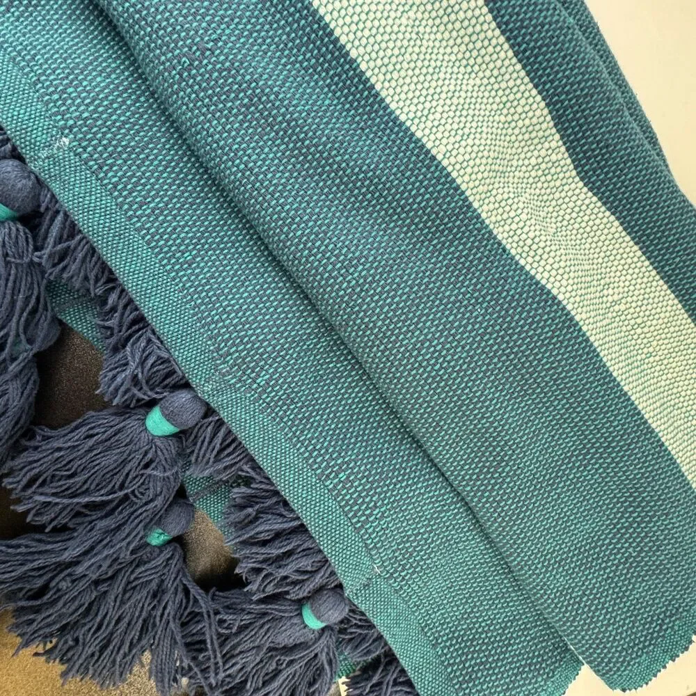 CB2 x Ross Cassidy Umi Teal Striped Throw Blanket Tassels Rare/Discontinued
